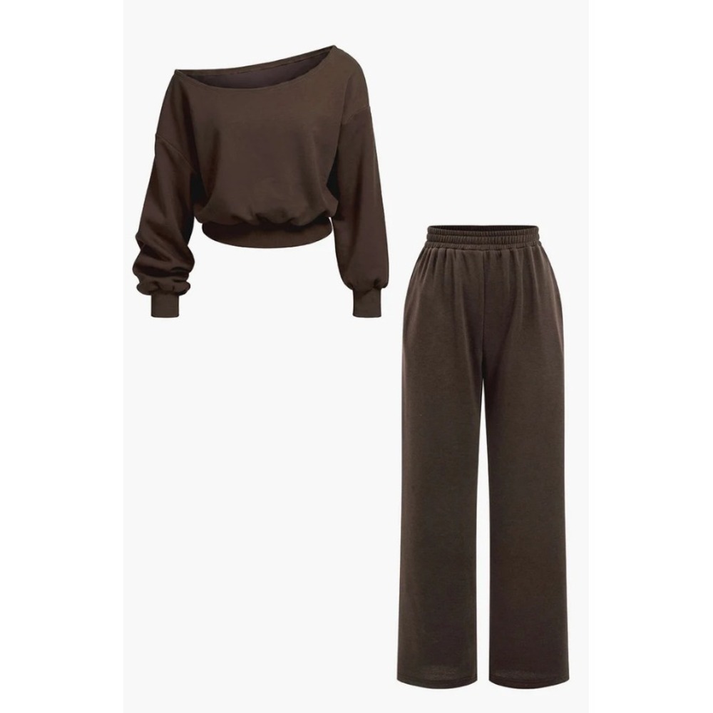 Micas Brown Asymmetric Top and Pants Set XL MCWSC2410170023 Loungewear